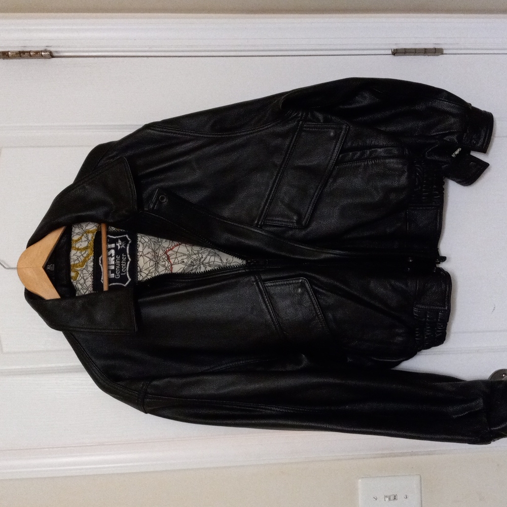 FIRST J&M Geniune Leather Men's Motorcycle Jacket Dark Brown Zip/Snap Pockets XL